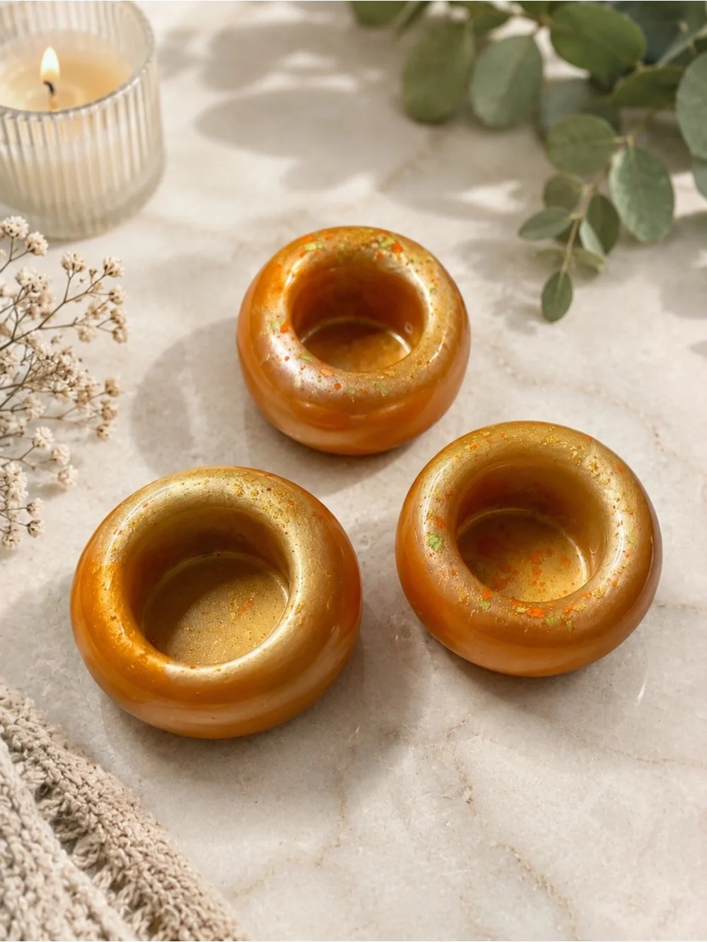 Handcrafted Amber Gold Ceramic Tea Light Holders - Set of 3